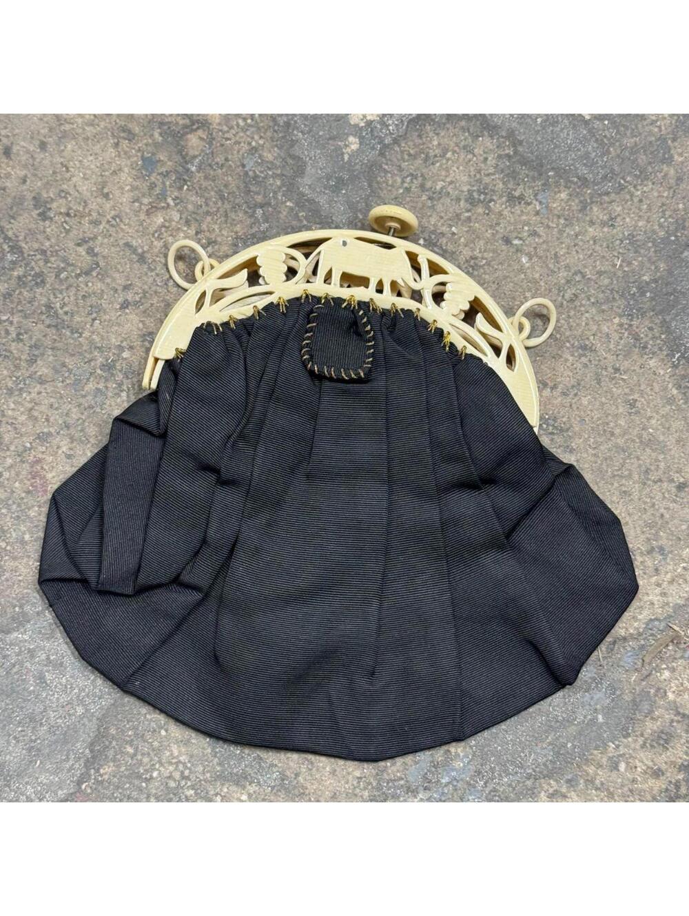 Antique Art Deco Era Black Grosgrain Celluloid Frame Purse